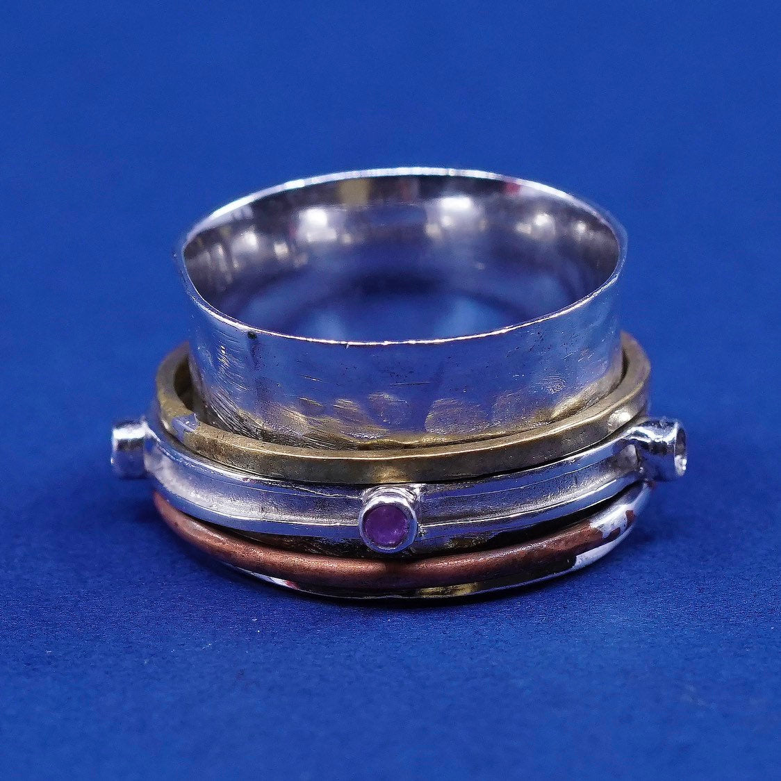 sz 8, vtg triple Tone sterling silver hammered band, 925 spinner ring