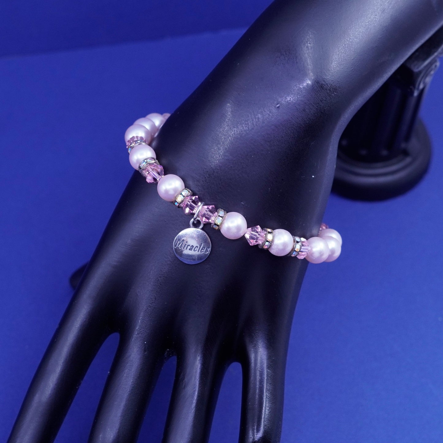 7”, SLC Sterling 925 silver handmade bracelet pearl pink beads miracles charm