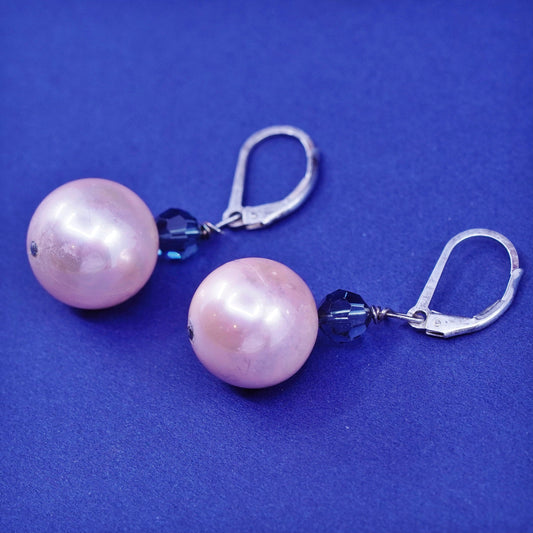Vintage sterling silver handmade earrings, 925 hooks with crystal pink pearl