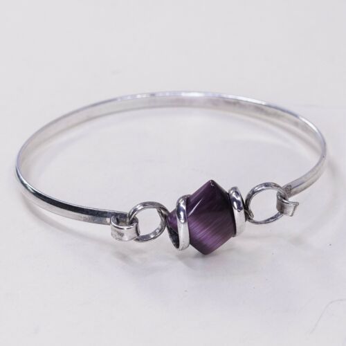 6.75”, Vtg Sterling Silver Handmade Bracelet, 925 W/ Purple Tiger’s Eye Bangle