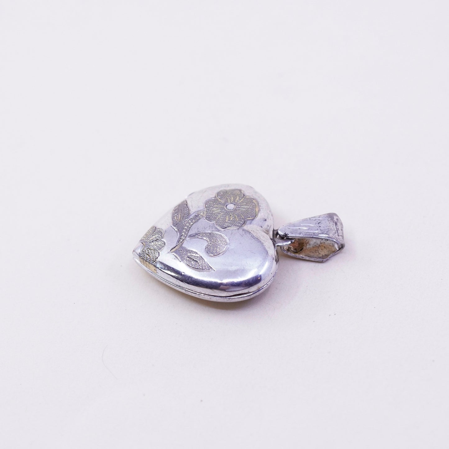 Vintage sterling silver photo locket charm pendant, flower textured 925 heart