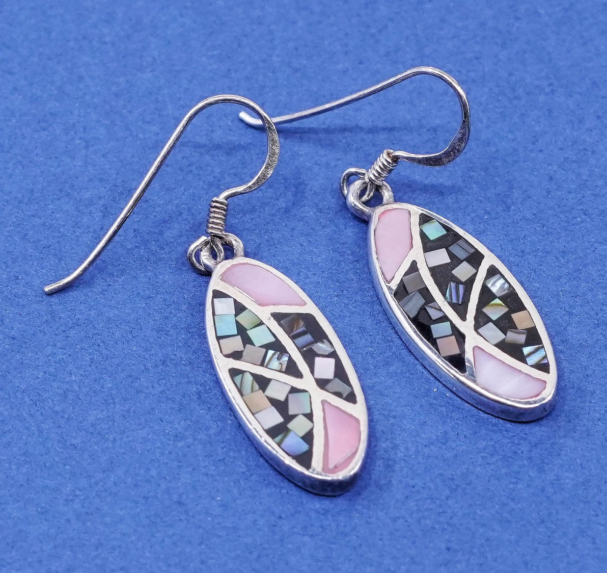 Sterling silver handmade earrings, SX 925 flower drops w/ abalone