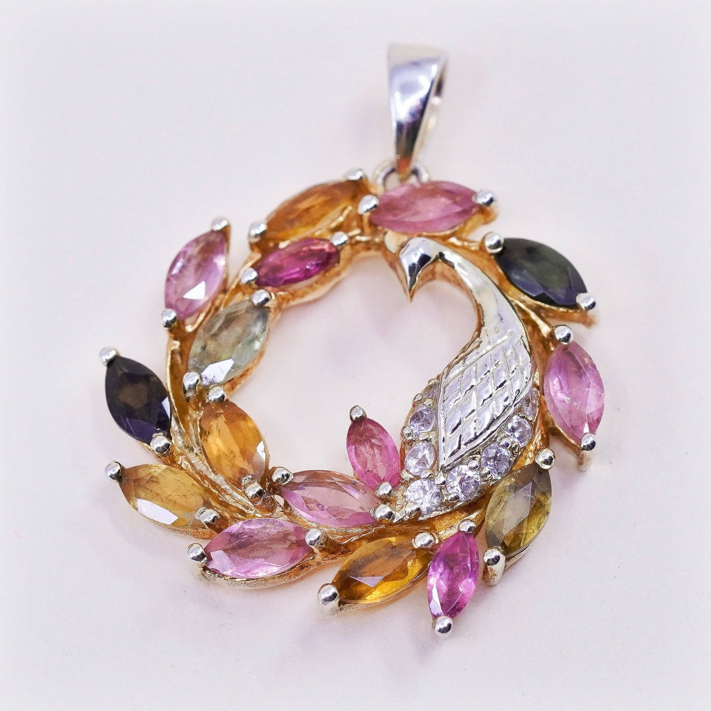 vintage Stauer vermeil Gold over Sterling 925 silver pendant peacock bird cz