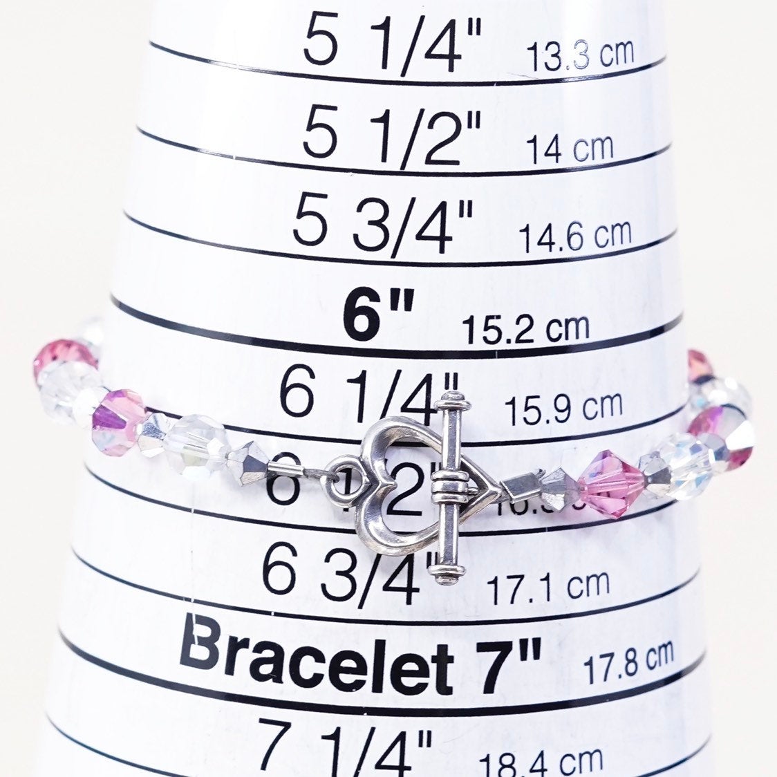 6.5”, VTG Sterling silver handmade bracelet, 925 heart toggle w/ pink crystal