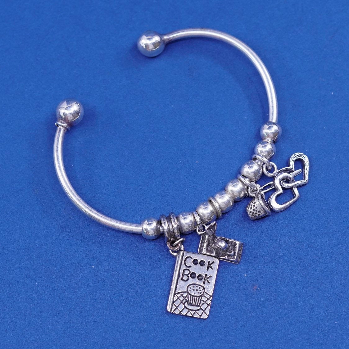 6.5" vtg Sterling silver handmade bracelet, Mexico 925 charm cuff double heart