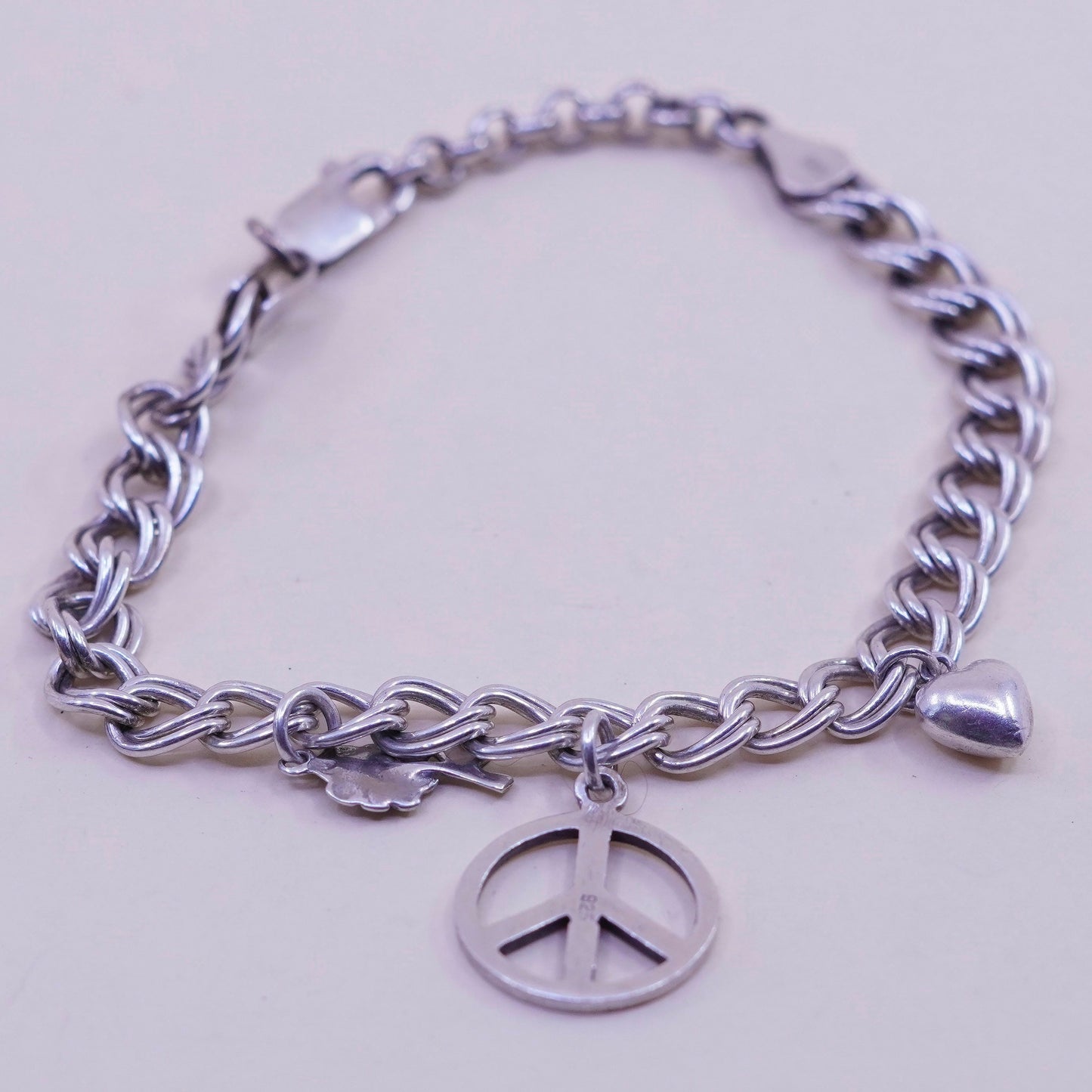 7+1”, sterling 925 silver double curb bracelet CND peace heart flower charms
