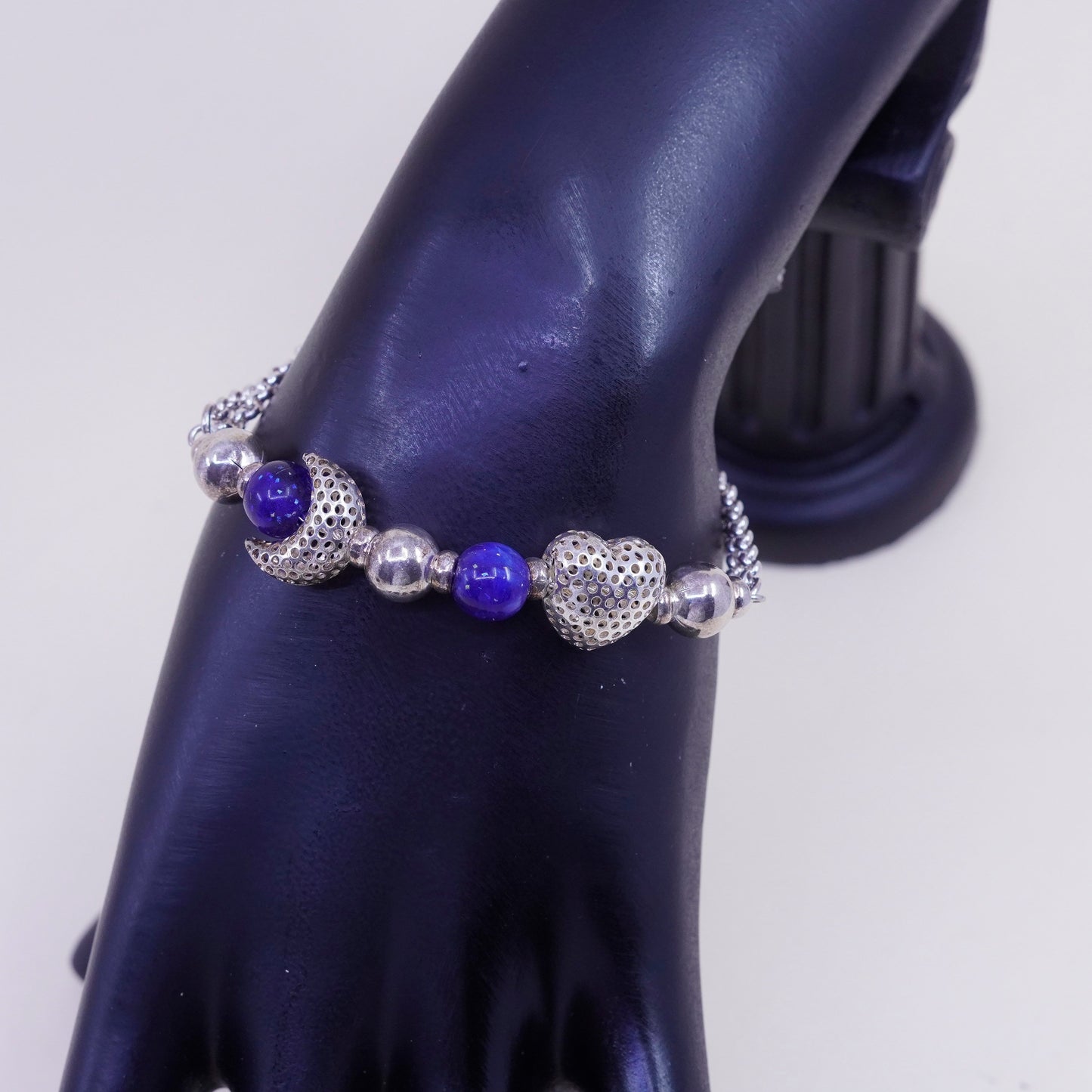 6.25”, vtg sterling silver bracelet, 925 circle chain heart charm lapis beads