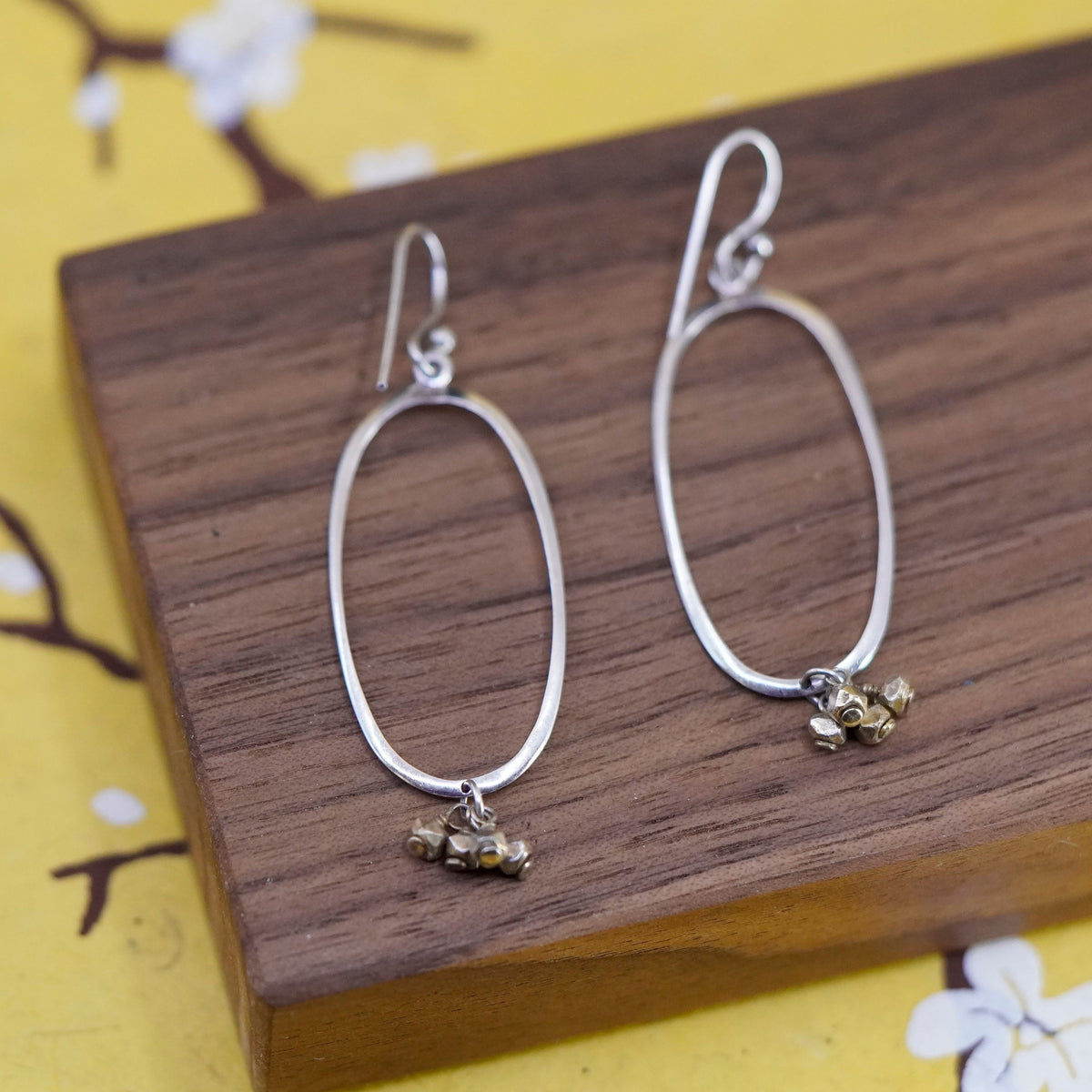 Vintage Sterling silver handmade earrings, 925 double oval dangle w/ gold beads