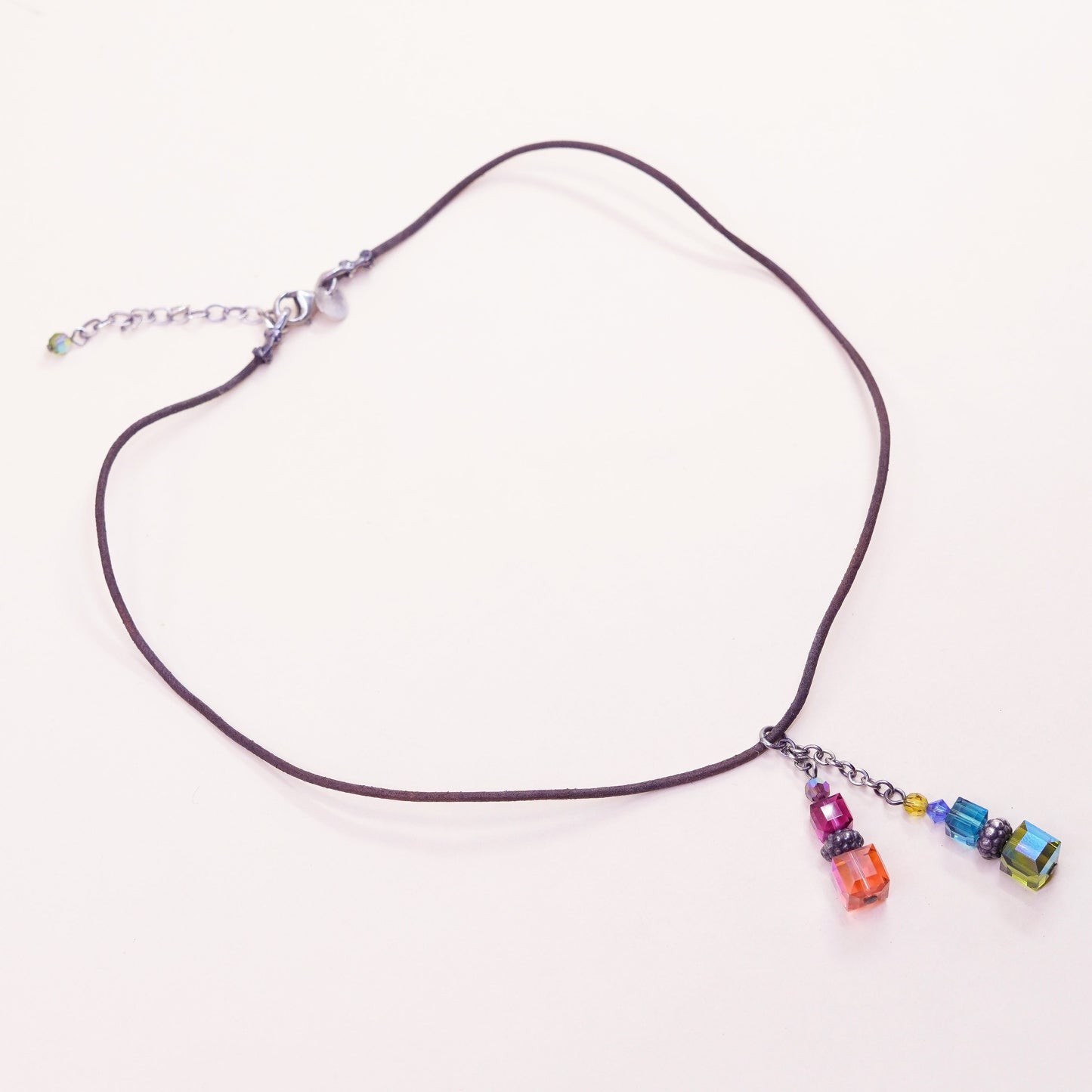 16+2”, Emily Ray brown leather necklace Sterling 925 silver crystal pendant