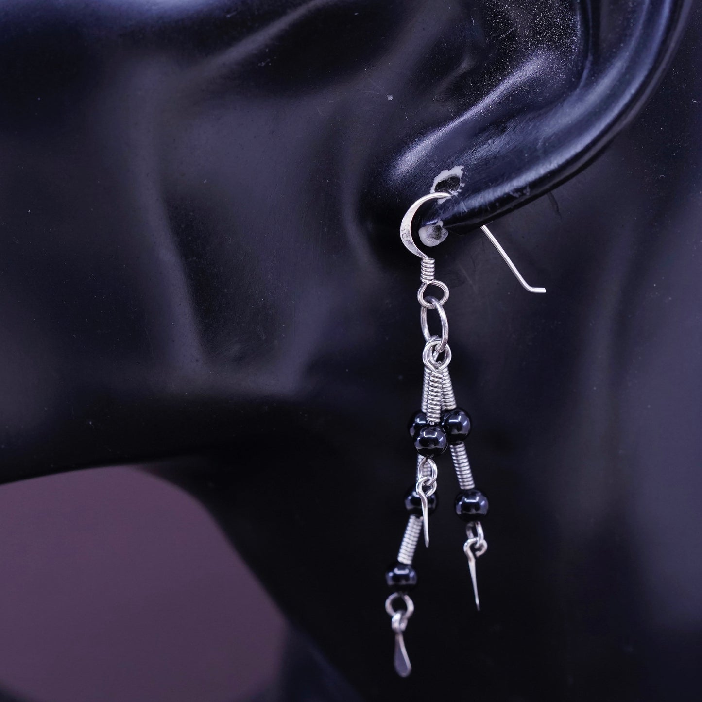 Vintage Sterling silver handmade earrings, Mexico 925 with bead obsidian