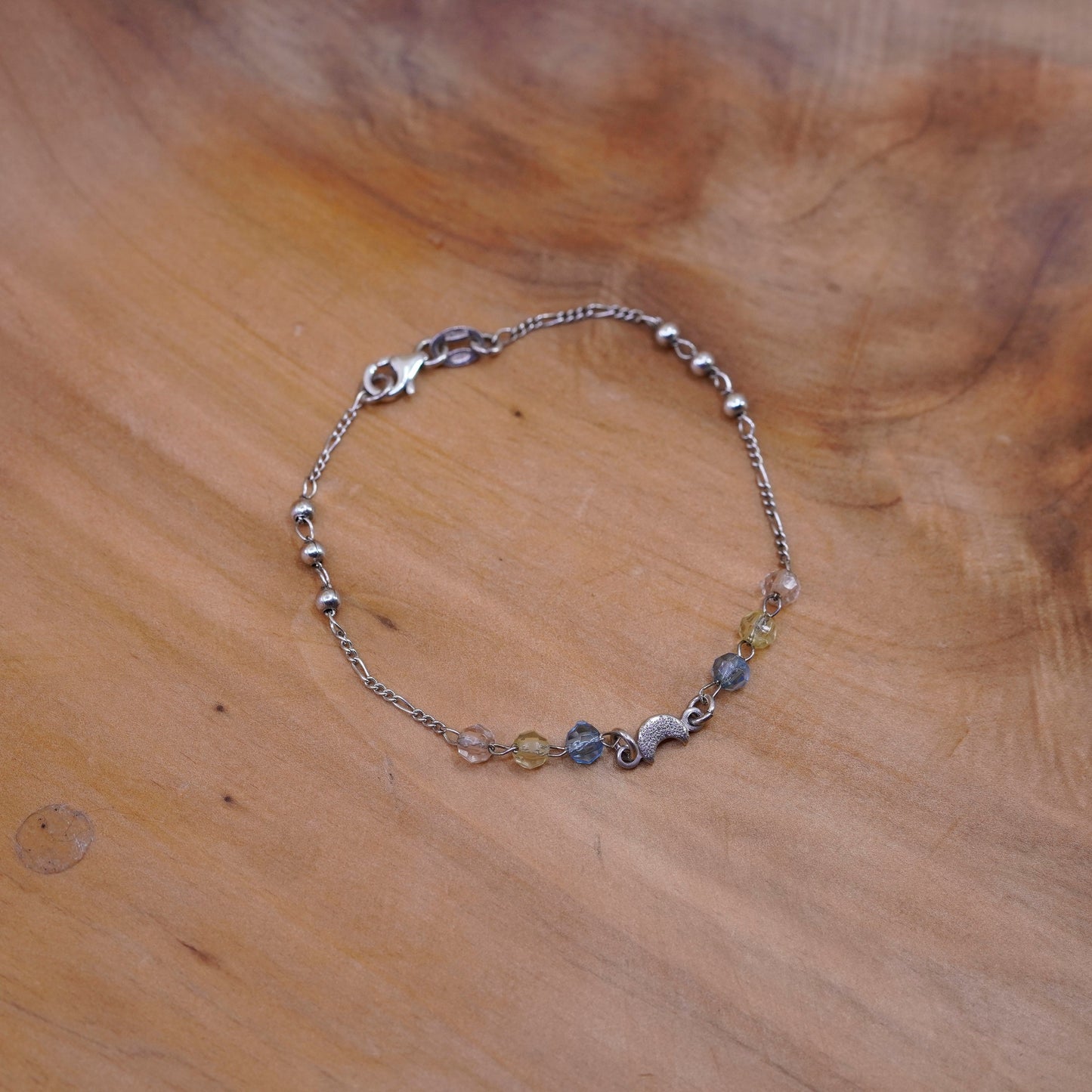 7.25”, vintage Sterling silver bracelet, 925 figaro chain moon charm crystal