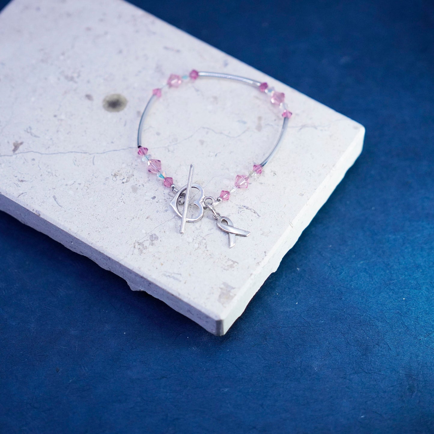 6.75”, Sterling silver bracelet, 925 bangle crystal breast cancer ribbon charm