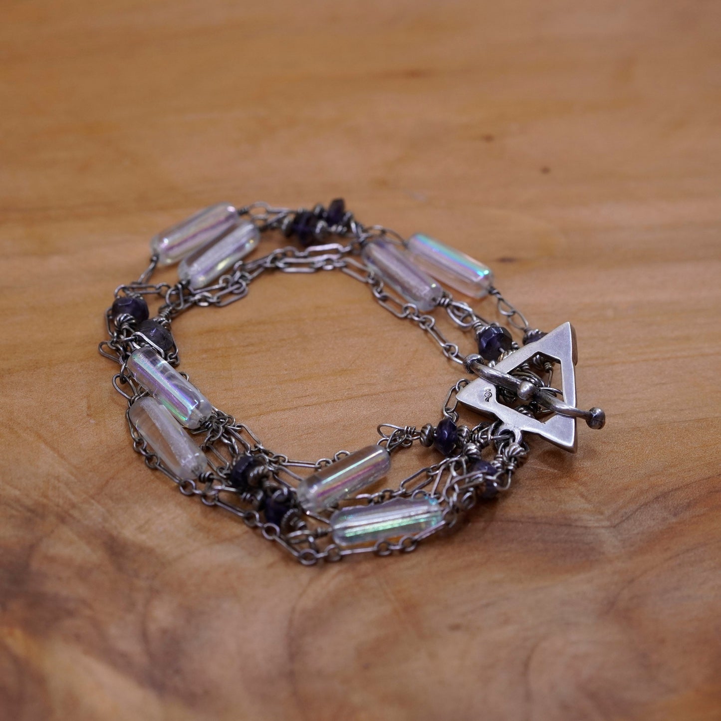 6.75”, Sterling silver handmade bracelet glass tube moonstone toggle closure