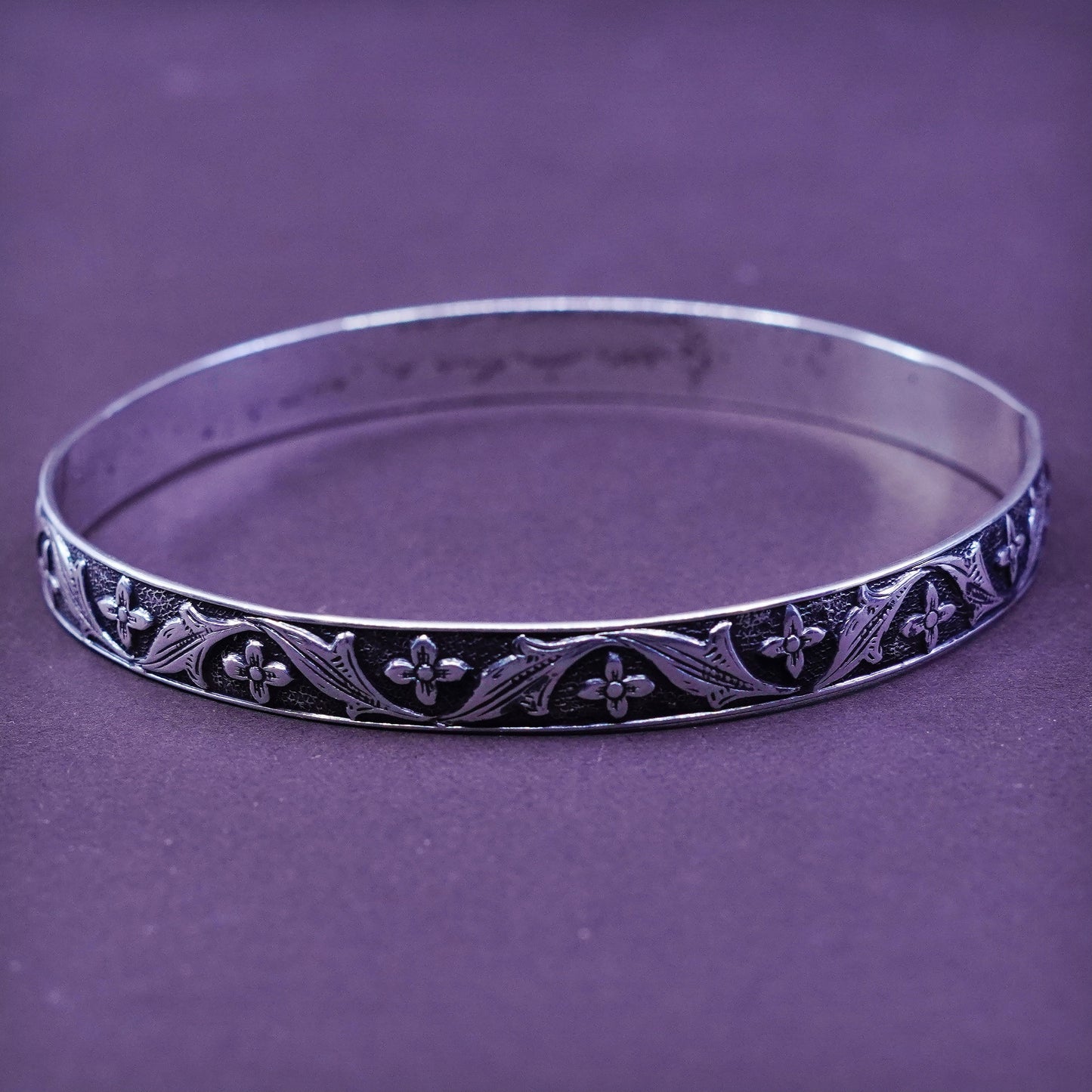 7.75”, Vintage Sterling silver handmade bracelet, 925 floral textured bangle