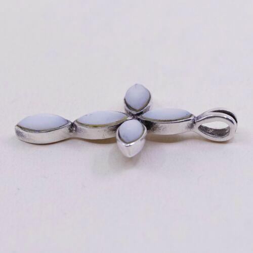 Vintage Sterling Silver Handmade Pendant, 925 silver cross w/ Whire Marquise Mop