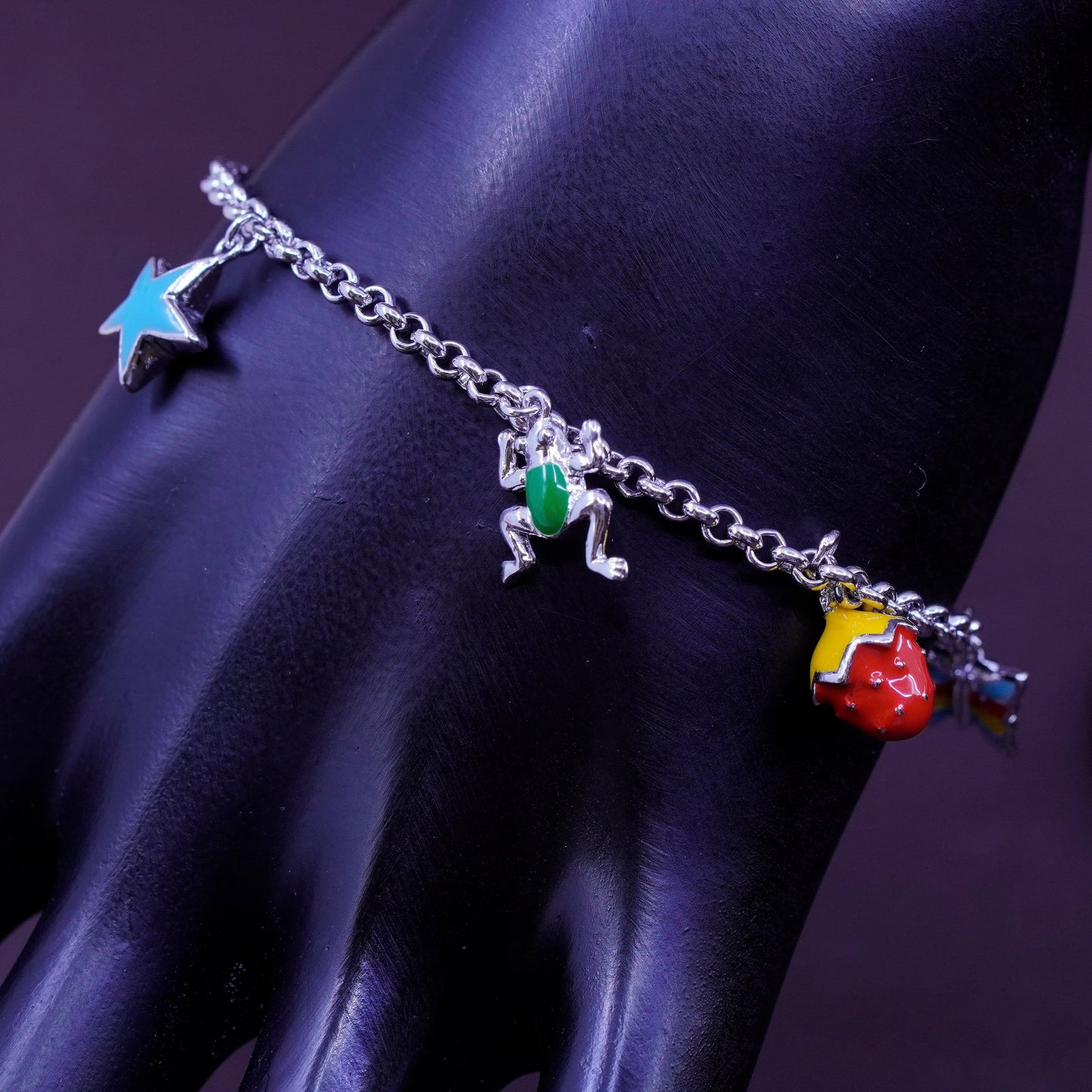 7.25”, Sterling silver bracelet, Italy 925 circle chain enamel frog butterfly