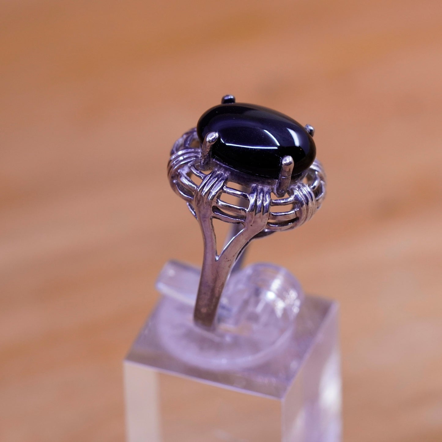 Size 7, vintage Sterling 925 silver handmade ring with oval obsidian
