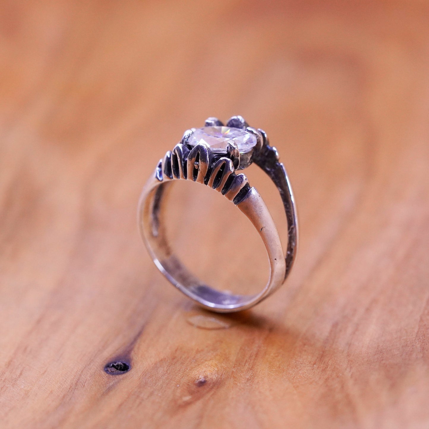 Size 6.25, vintage Sterling 925 silver handmade crown ring with cz
