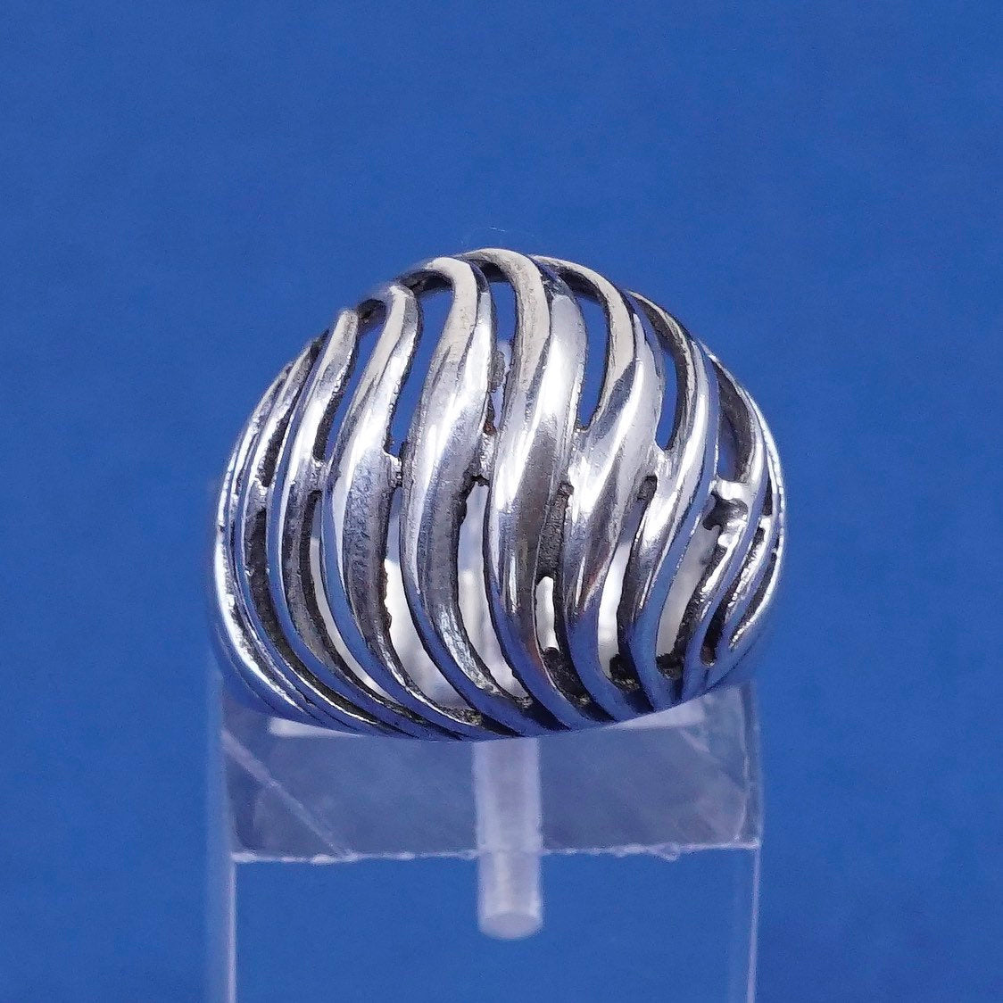 sz 4.75, vtg Sterling silver handmade ribbed ring, 925 statement ring w/ wave