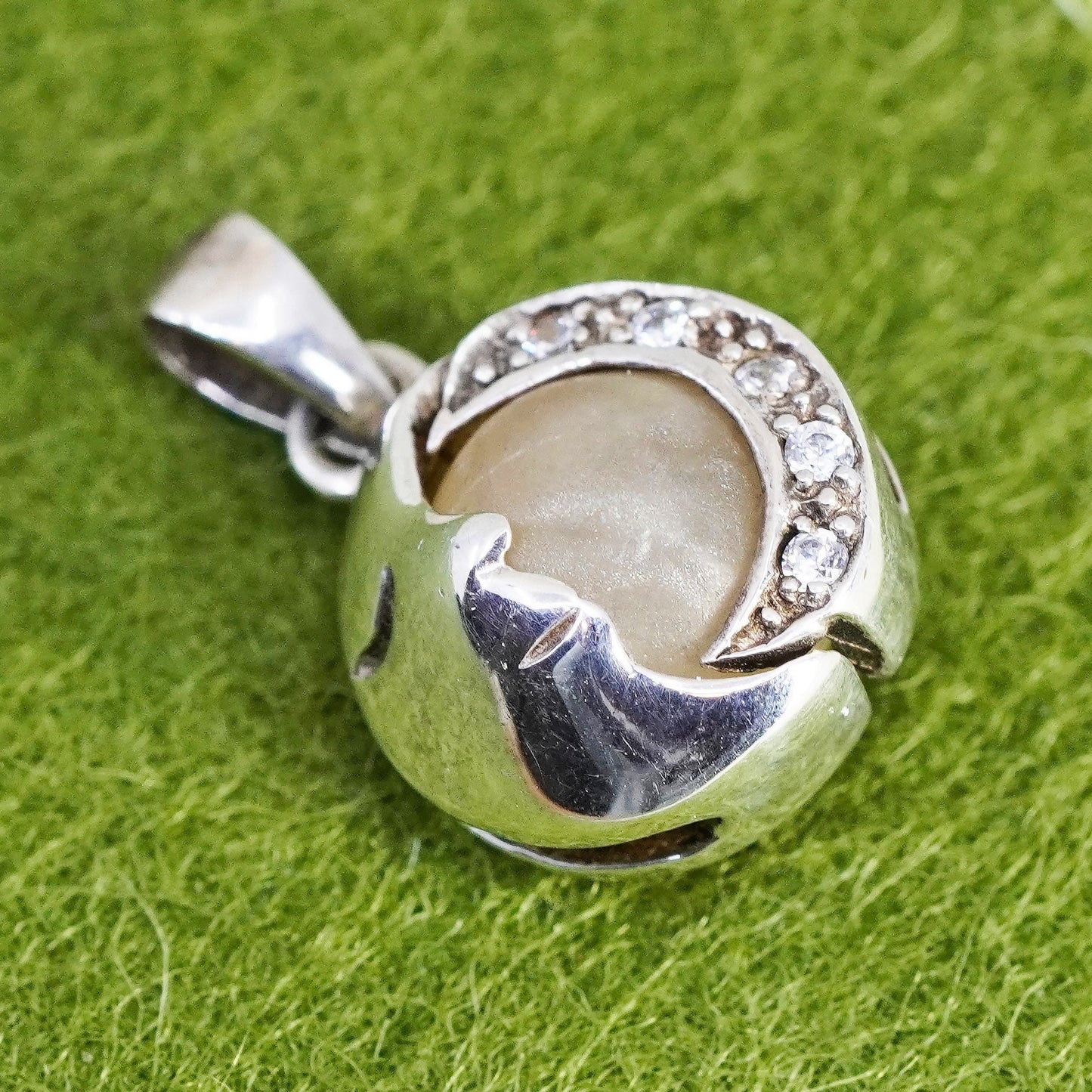 Vintage Sterling silver handmade pendant, 925 moon face with pink quartz and cz