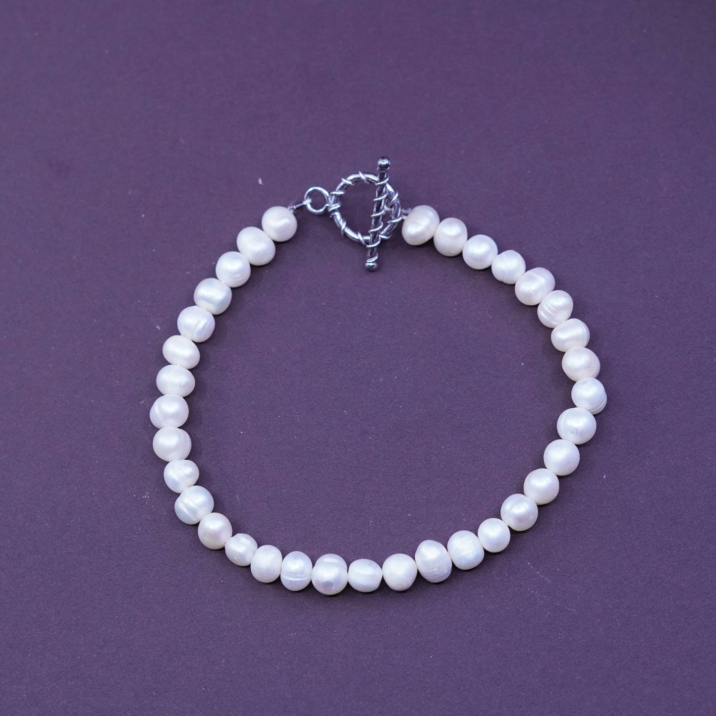 8.25” 4-5mm, Vintage handmade pearl bracelet with sterling 925 silver toggle