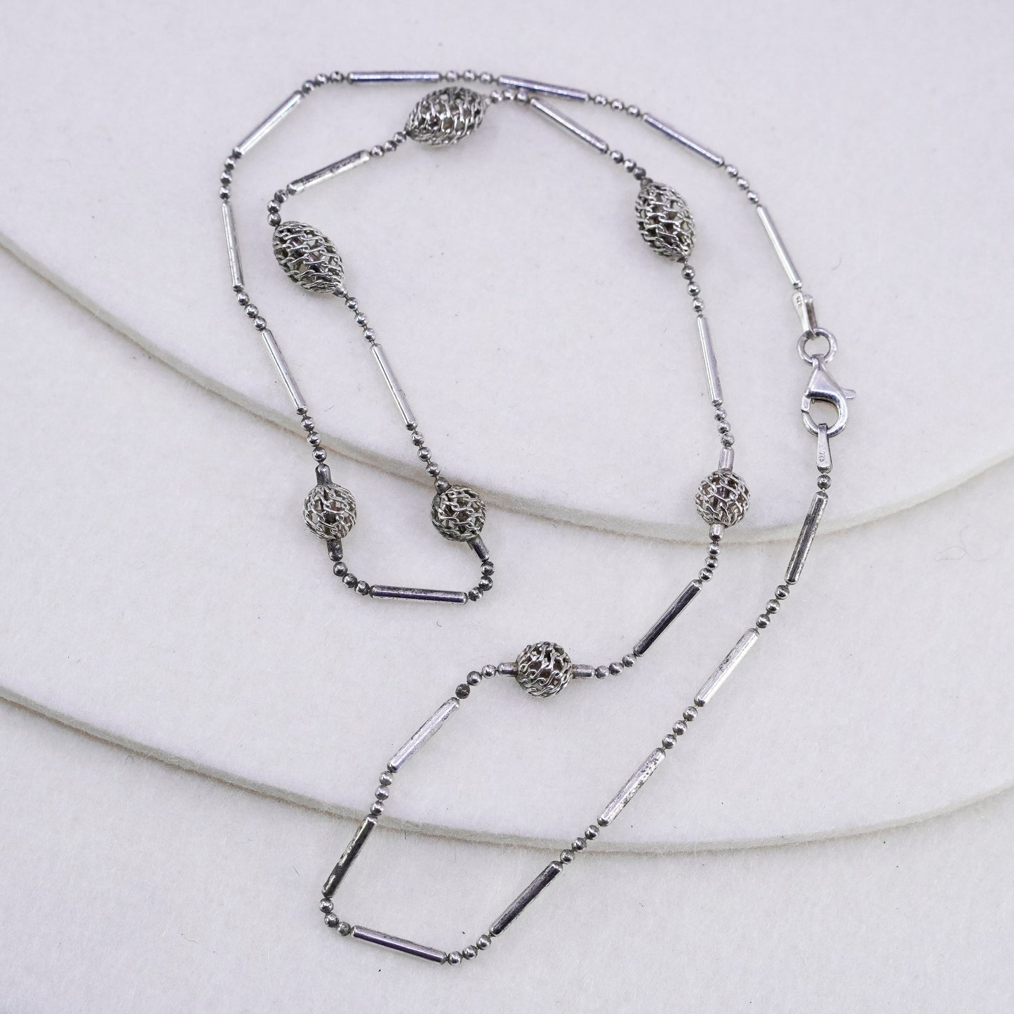 18” 1mm, vintage Italy Sterling 925 silver bar chain necklace w/ filigree beads