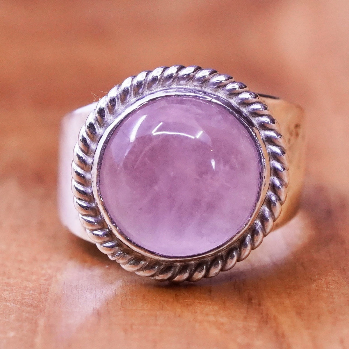 Size 6, Sterling 925 silver handmade ring round rose pink Quartz and cable