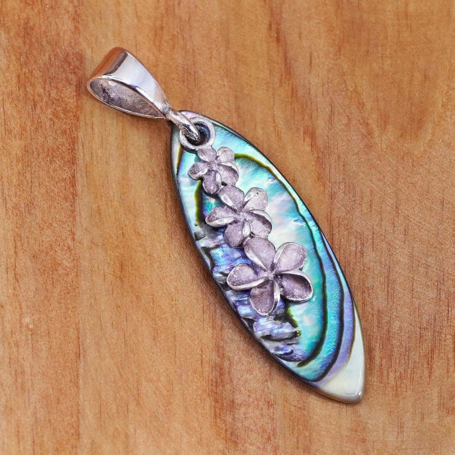 Vintage AIC Sterling 925 silver handmade plumeria flower pendant with abalone