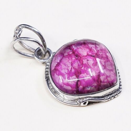 Vtg Sterling 925 Silver Handmade Filigree Pendant W/ Pink tourmilated quartz