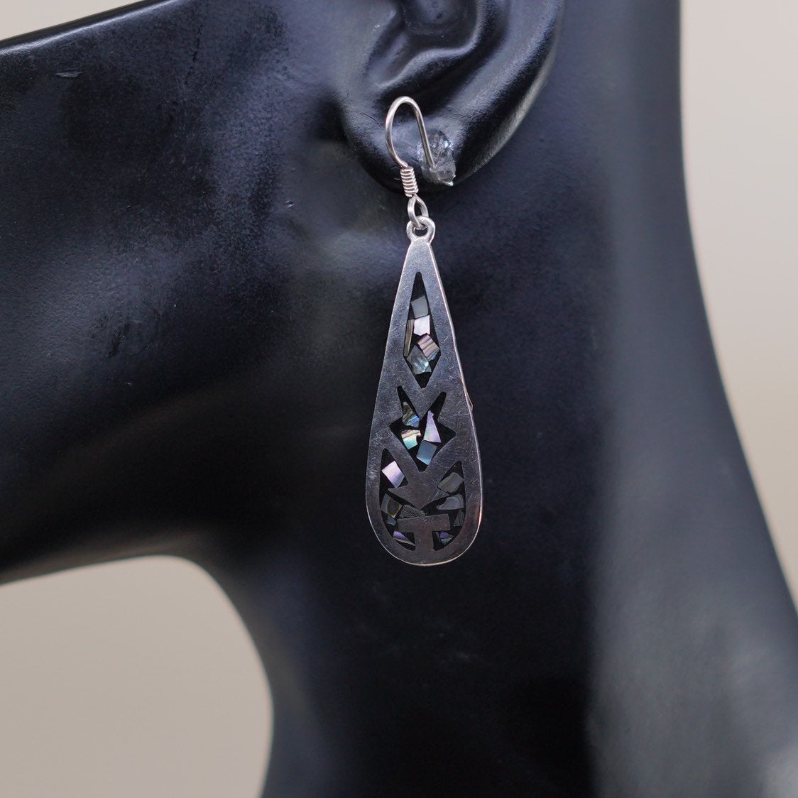 vtg sterling silver handmade earrings, 925 with abalone N teardrop dangles
