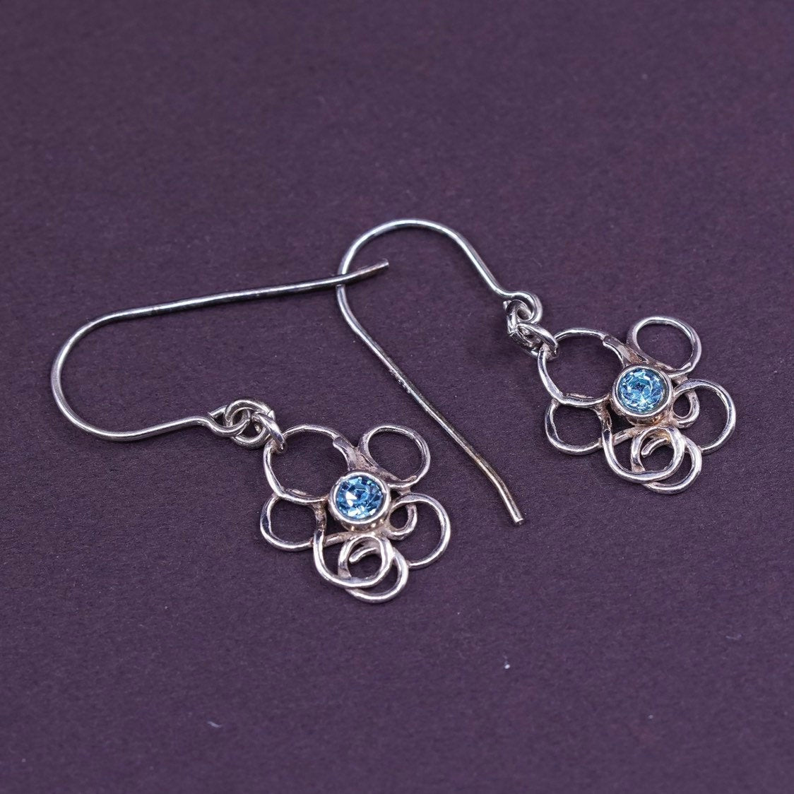 VTG Sterling silver handmade earrings, 925 swirl flower dangles w/ blue crystal