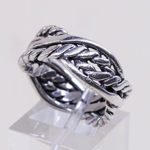 Size 8, Vtg Sterling Silver Handmade Ring 925 Band w Braided Cable, Stamped 925