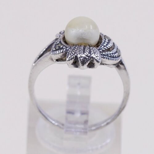 Sz 7.25, Vtg Sterling Silver Handmade Ring, 925 Silver W/ Faux pearl N Marcasite