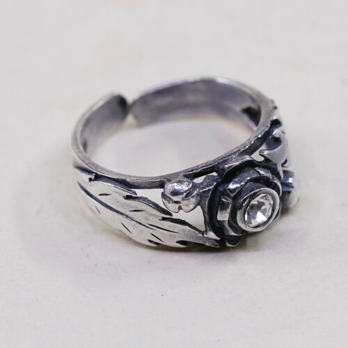 Size 2.25, Vintage Sterling 925 Silver Open Ring W/ Cz And Leaf Details