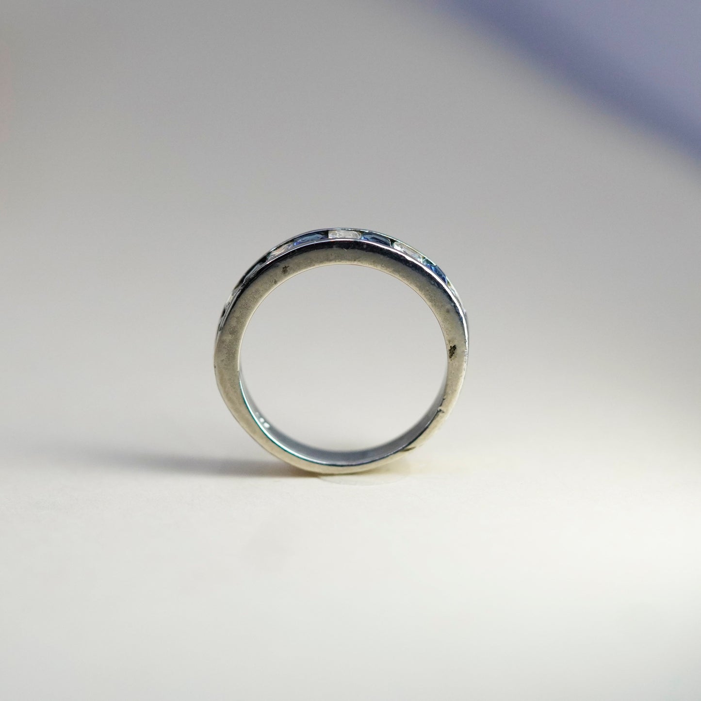 Size 9, Sterling 925 silver stackable ring, wedding band with blue and clear CZ