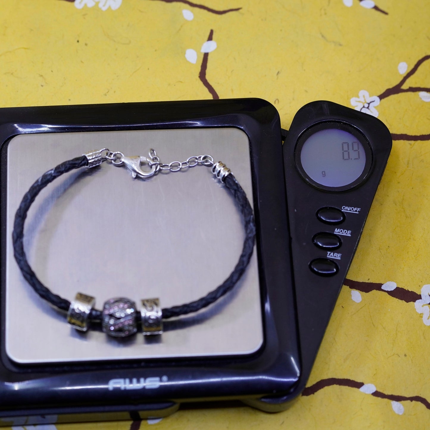 7”, CHAMILIA CHAM sterling 925 silver bracelet, leather core 3 bead charms