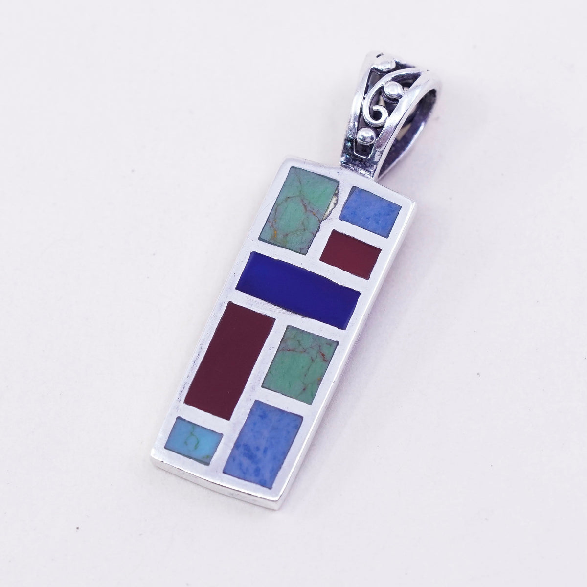 Vintage sterling 925 silver handmade rectangular pendant w/ red onyx turquoise