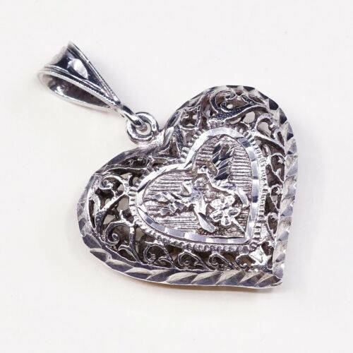 Vintage Sterling Silver Handmade Heart Pendant, 925 Silver Puffy Filigree Charm