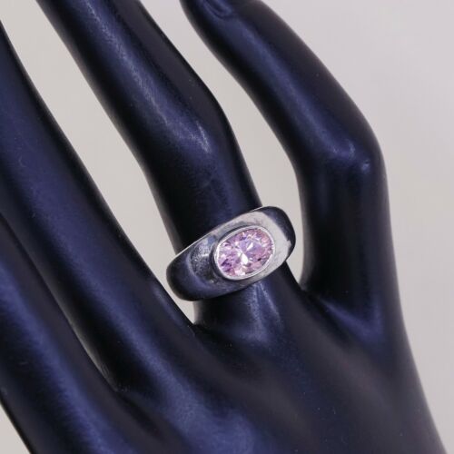 Sz 6.75, Sterling Silver Ring, 925 Silver Engagement Ring W/ pink Crystal