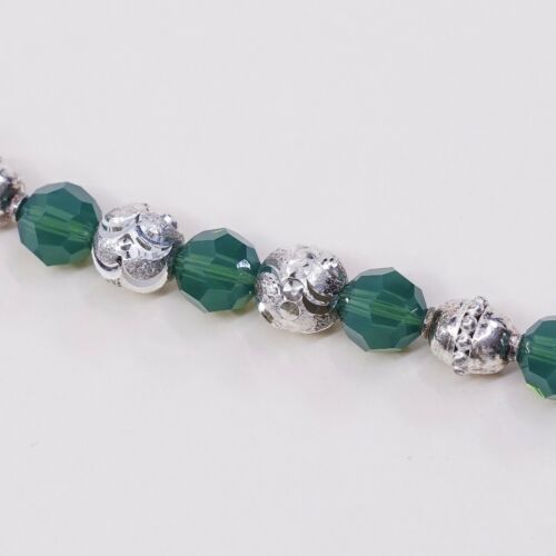 6”, Vtg Sterling Silver Handmade Bracelet, 925 Silver Toggle W/ Green Beads