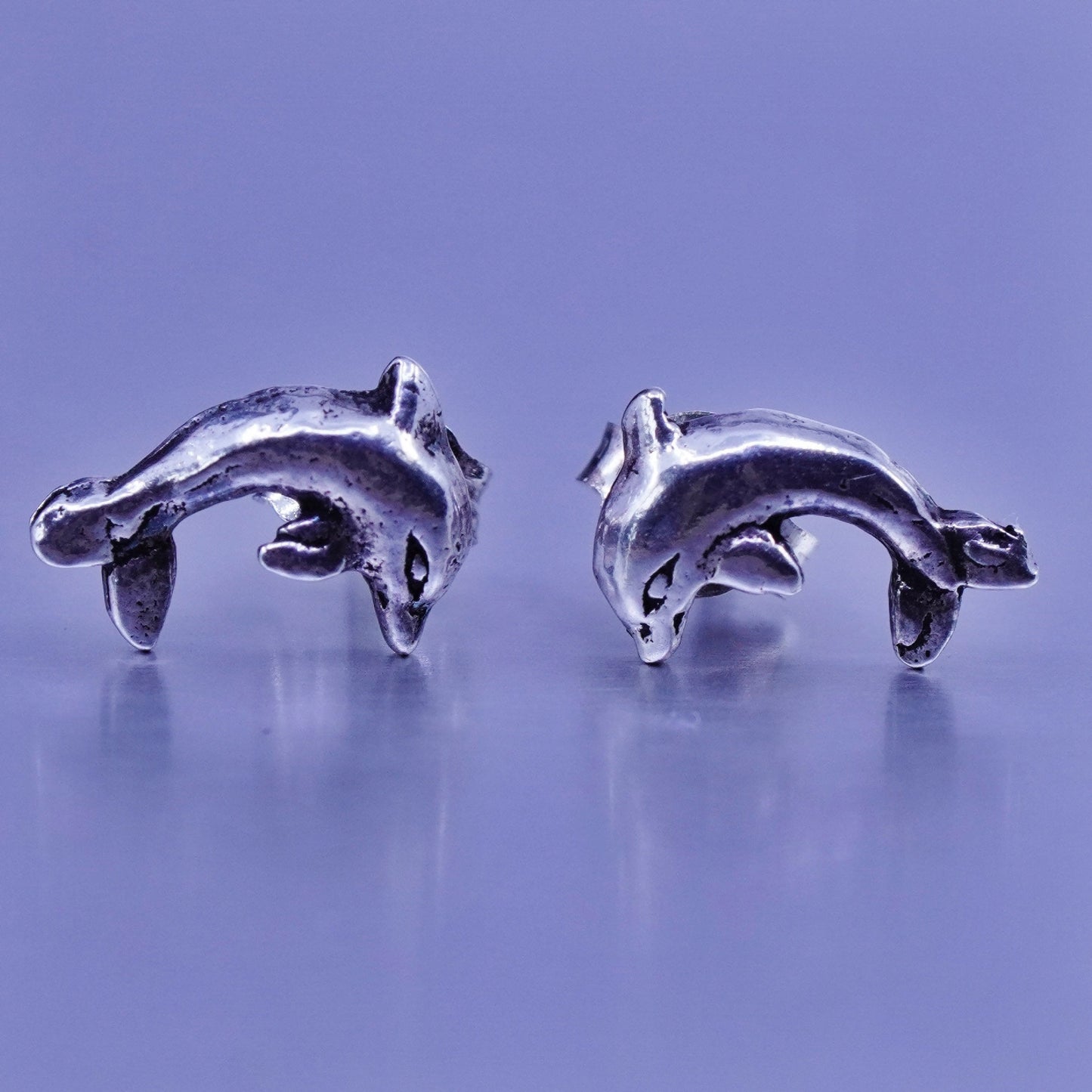 Vintage Sterling 925 silver handmade earrings, dolphin studs