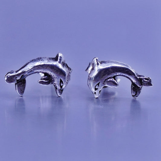 Vintage Sterling 925 silver handmade earrings, dolphin studs