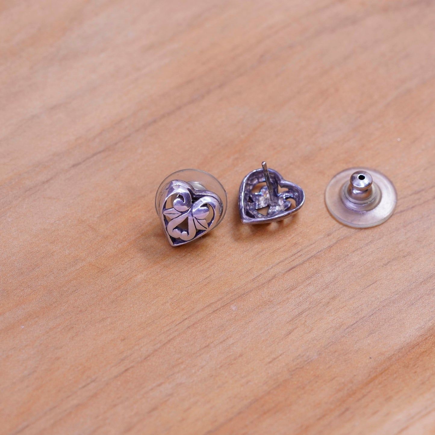 Vintage Sterling silver handmade earrings, filigree 925 heart studs