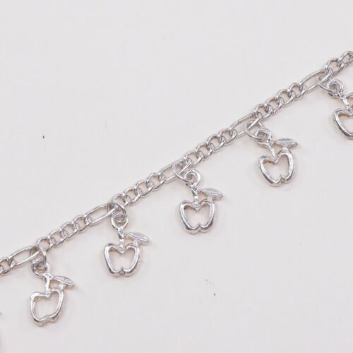 7.75”, 2mm, Vtg Sterling Silver Bracelet 925 Figaro Chain W/ Apple Heart Charm