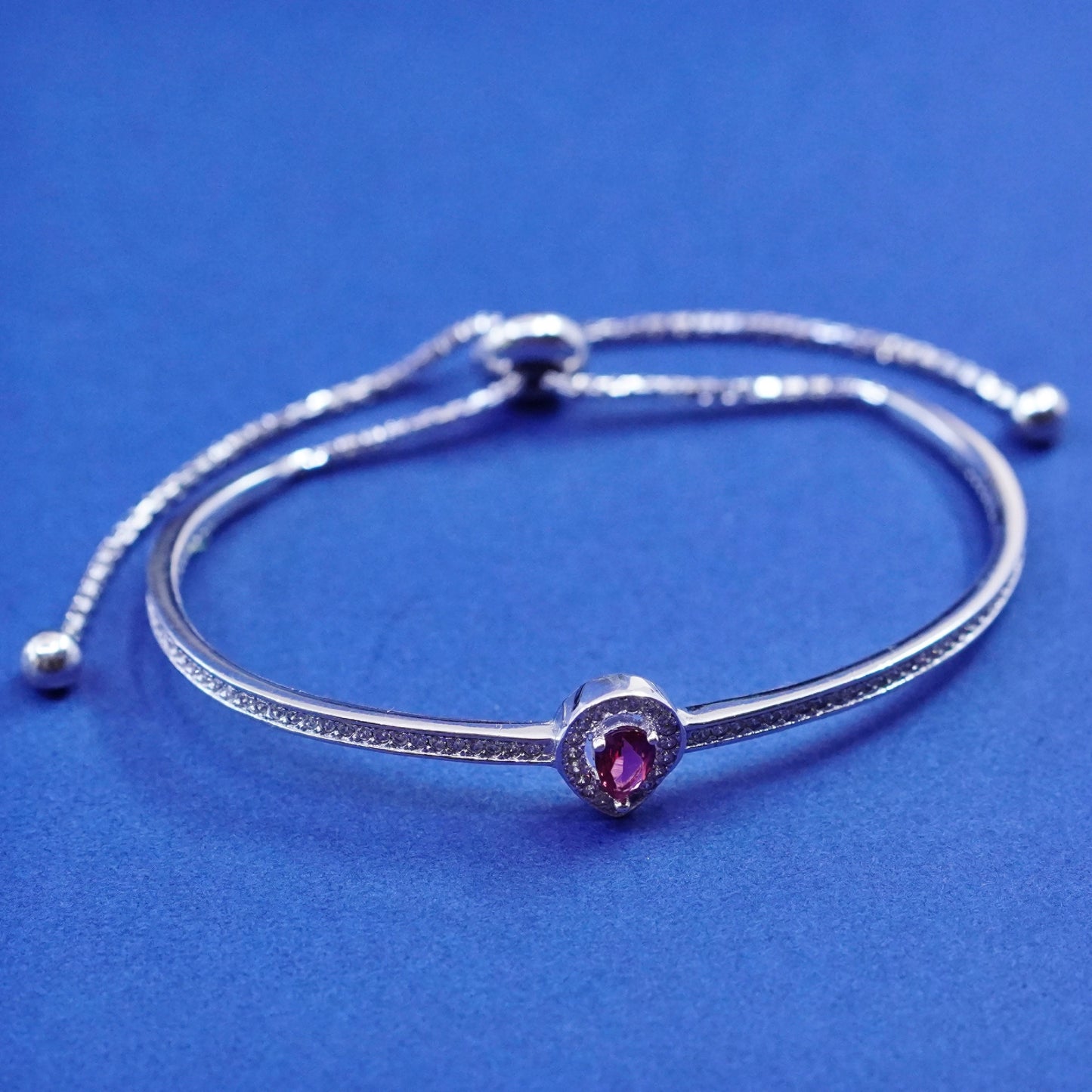 Size adjustable, vintage Sterling 925 silver cuff bracelet w/ teardrop ruby cz