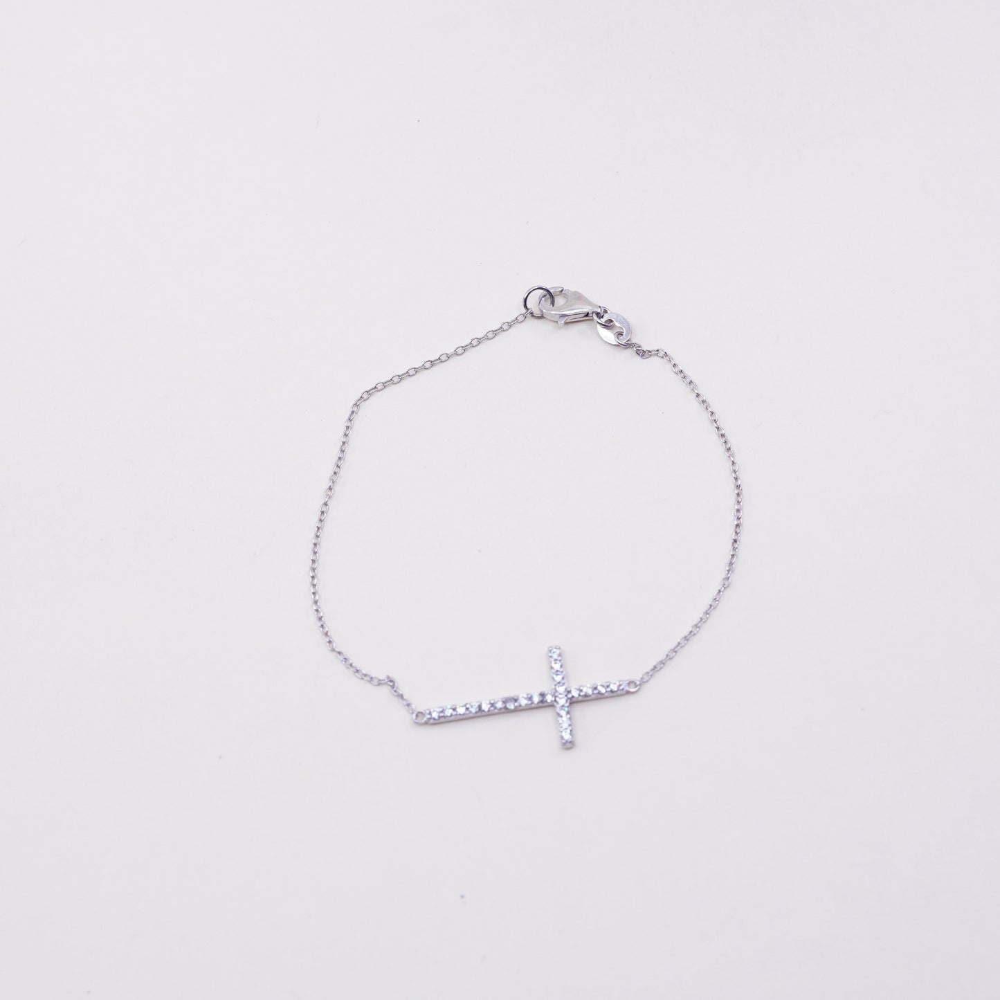 7”, vtg sterling silver handmade bracelet, Italy 925 chain with cross and Cz
