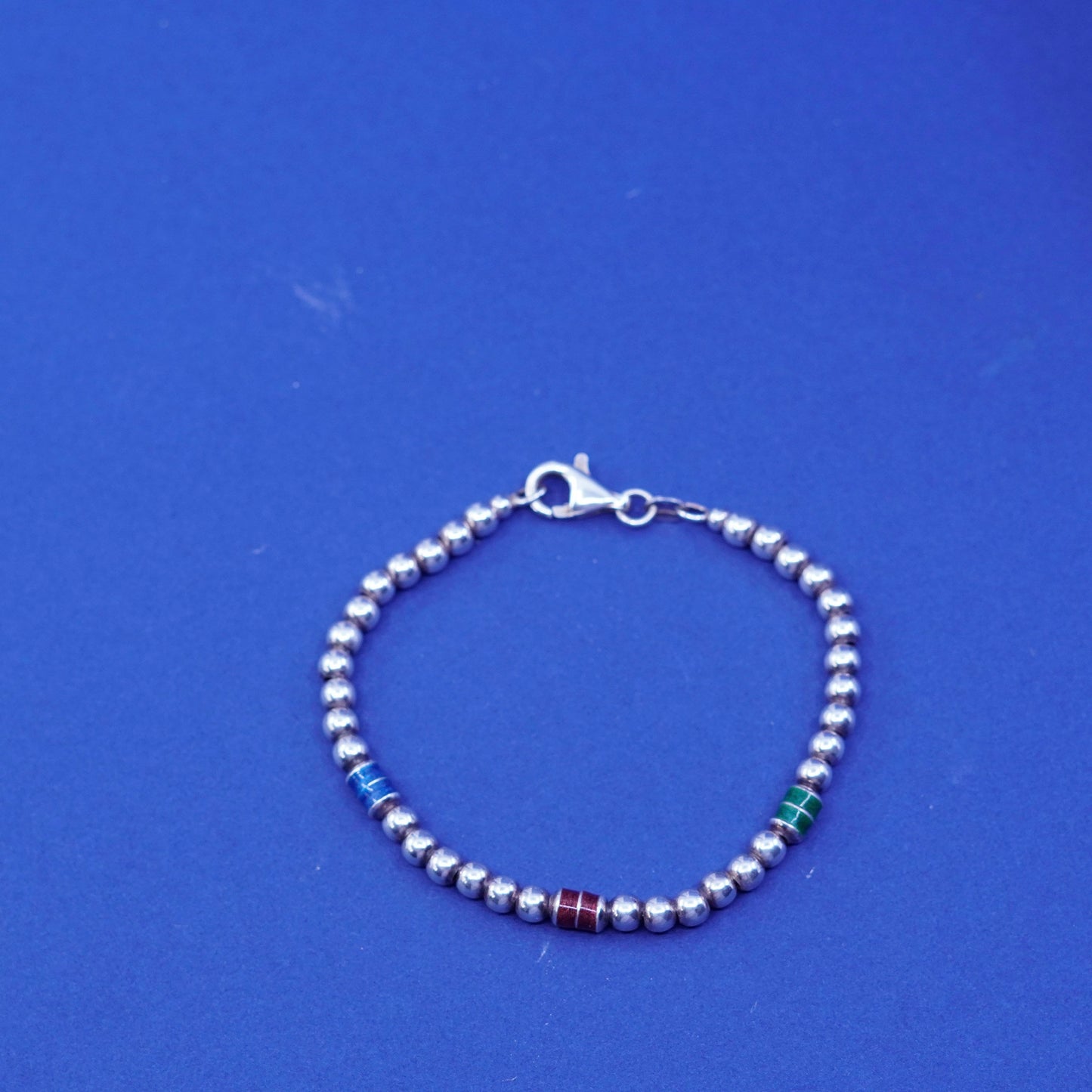 6.75”, vintage sterling 925 silver handmade beads bracelet with enamel