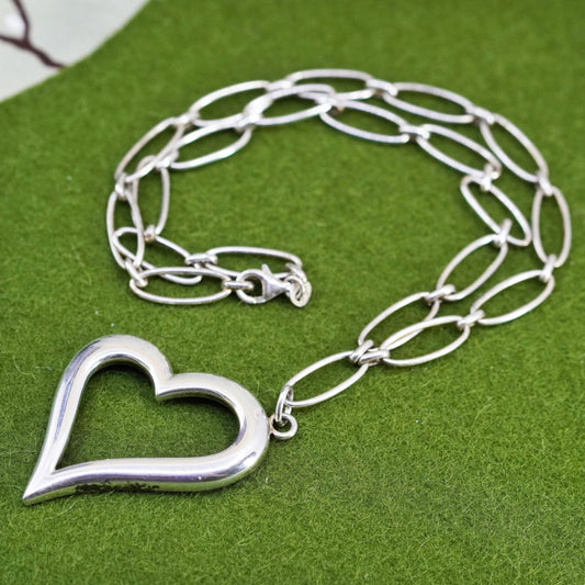16”, Vintage 925 sterling silver long oval chain with heart pendant
