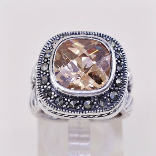 Sz 7, Vtg Sterling Silver Cocktail Ring, 925 W/ Checker Cut citrine n marcasite