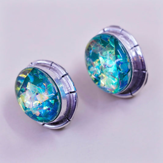 Vintage Sterling silver handmade earrings, 925 oval clip on green foiled glass